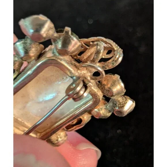 Vintage Pink Green Rhinestone Brooch Pendant Filigree Flower Mother of Pearl - Picture 4 of 14